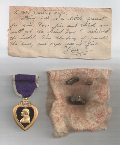 Purple Heart Medal, Shrapnel and Note